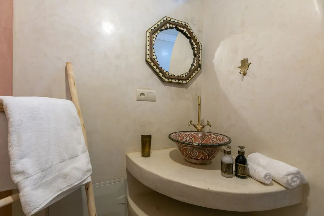 Terracotta room bathroom with a painted ceramic basin