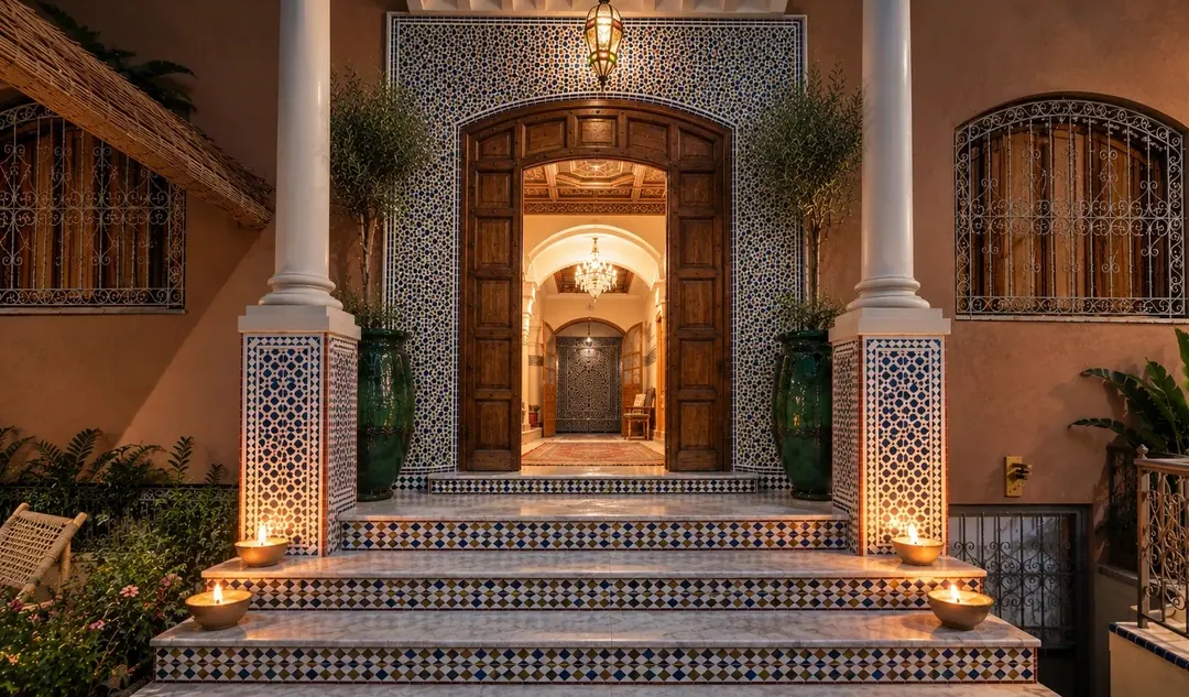 Lantern-lit zellige entrance of Riad Dar Razallah at dusk, carved cedar doors open onto the salon